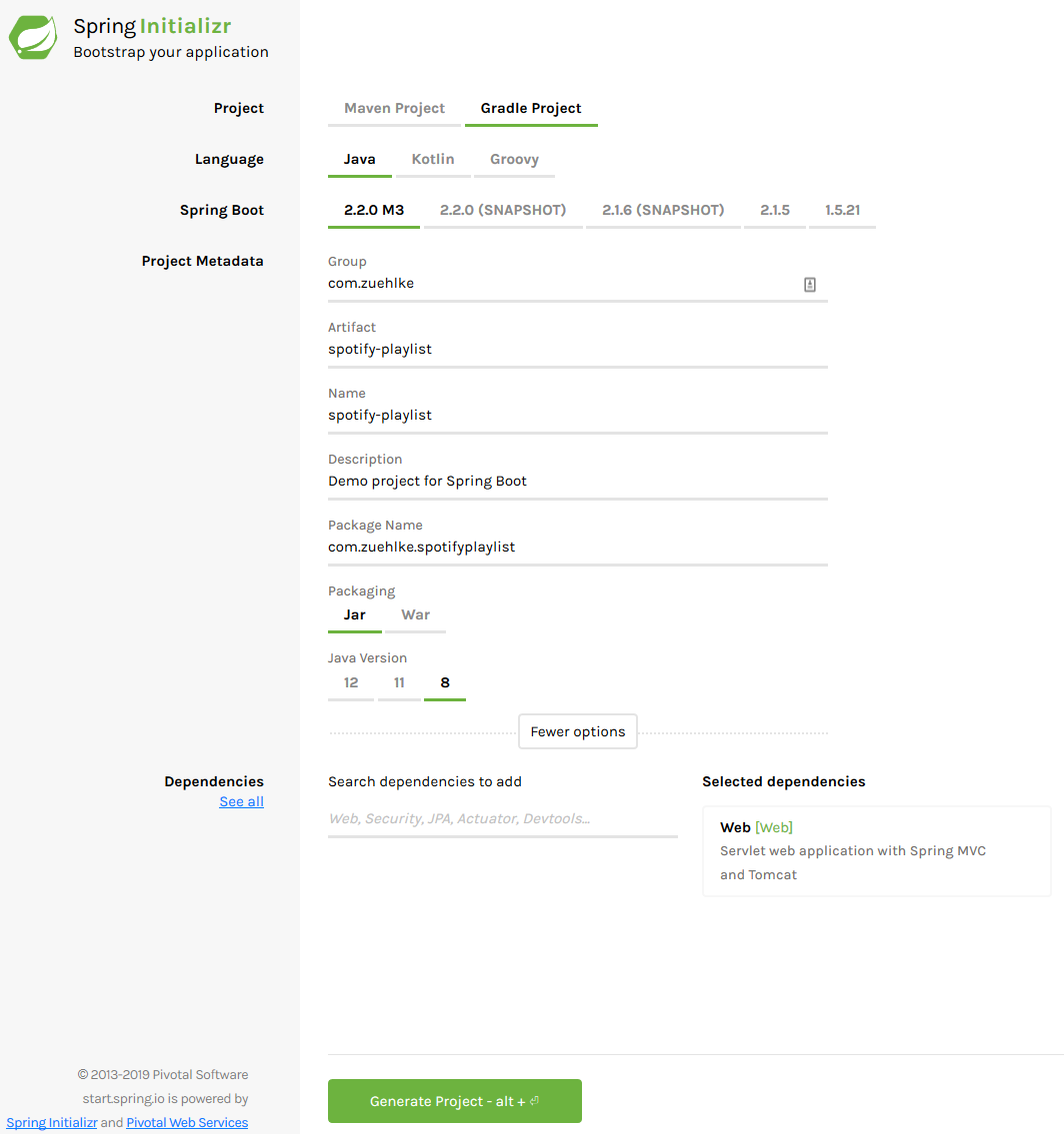 Screenshot of the Spring Initializr website