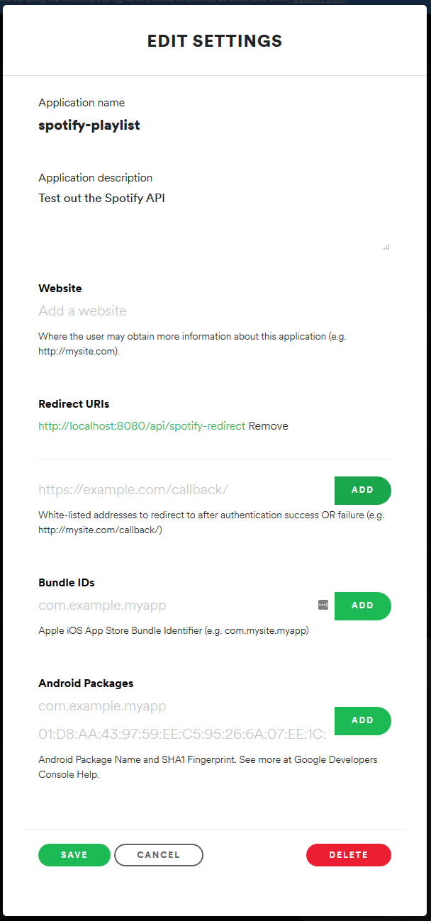 Add a redirect URI on the Spotify developer dashboard